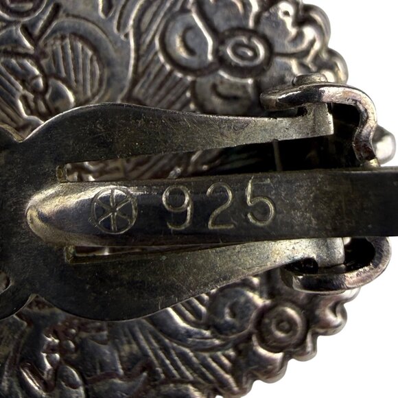 Vintage Sterling Silver 925 Clip-On Earrings Floral Etched MOP Cabochons Unique - Picture 4 of 6